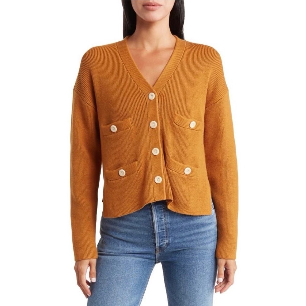 ALEX MILL Jo Ribbed Cardigan Sweater Caramel Brown Buttons‎ Pockets Medium